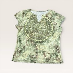 Green Paisley Patterned Beaded Blouse - Lettuce Edge Hem, Hippie Boho Y2K VTG